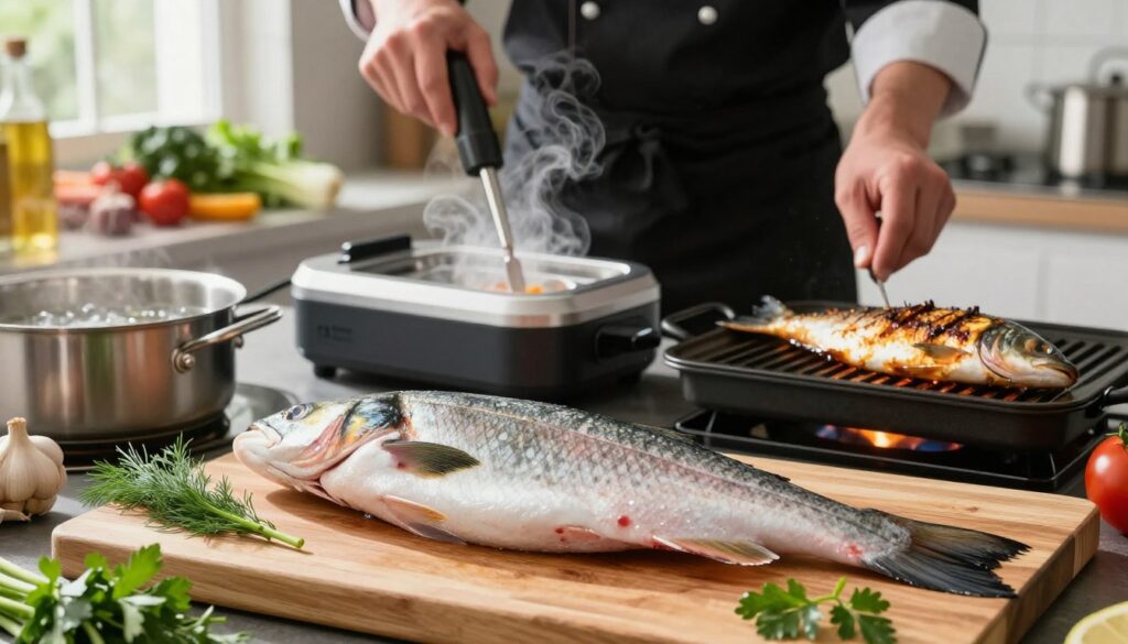 A beautifully arranged culinary scene showcasing various thermal processing techniques for fish. In the foreground, a fresh, glistening fish laid on a wooden cutting board, surrounded by herbs like dill and parsley. In the middle, a chef in professional attire is using a sous-vide machine, with steam gently rising, and another section is grilling fish over an open flame. The background features a vibrant kitchen environment, with pots bubbling, colorful vegetables, and natural light streaming through a window, creating a warm and inviting atmosphere. The overall mood is fresh and lively, emphasizing the delicate textures and colors of the fish, highlighting its preparation and the culinary techniques employed to enhance flavor.