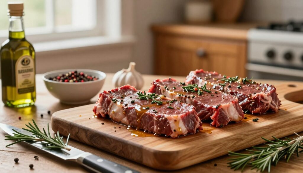 A beautifully arranged cutting board displays a selection of marinated beef steaks, glistening with a rich, aromatic marinade made from herbs, garlic, and olive oil. In the foreground, there's a knife and sprigs of fresh rosemary and thyme, hinting at the preparation steps. The middle ground features a bowl filled with colorful spices and a small jar of balsamic vinegar, emphasizing the importance of seasoning. The background shows a warm, rustic kitchen with wooden cabinets and soft, natural light filtering through a window, creating a cozy atmosphere. The overall mood is inviting and appetizing, perfect for illustrating the process of preparing beef before cooking. A beautifully arranged cutting board displays a selection of marinated beef steaks, glistening with a rich, aromatic marinade made from herbs, garlic, and olive oil. In the foreground, there's a knife and sprigs of fresh rosemary and thyme, hinting at the preparation steps. The middle ground features a bowl filled with colorful spices and a small jar of balsamic vinegar, emphasizing the importance of seasoning. The background shows a warm, rustic kitchen with wooden cabinets and soft, natural light filtering through a window, creating a cozy atmosphere. The overall mood is inviting and appetizing, perfect for illustrating the process of preparing beef before cooking.
