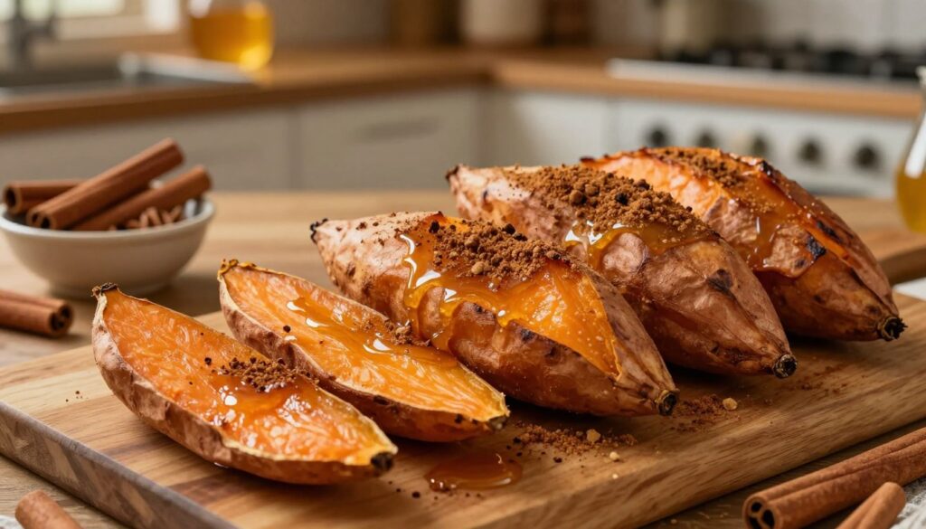 A beautifully arranged dish of sweet potatoes, roasted to a golden brown, garnished with a generous sprinkle of cinnamon and a drizzle of honey. In the foreground, the sweet potatoes are sliced into vibrant, orange wedges, their natural caramelization shining under soft, warm lighting. Surrounding them are small bowls filled with cinnamon sticks and honey, adding texture and depth to the composition. In the background, a cozy kitchen scene is softly blurred, featuring rustic wooden countertops and warm-toned lighting that creates an inviting atmosphere. The mood is warm and comforting, evoking the sweetness and richness of the dish. The angle is slightly overhead to capture the details of the sweet potatoes and the warm elements surrounding them. A beautifully arranged dish of sweet potatoes, roasted to a golden brown, garnished with a generous sprinkle of cinnamon and a drizzle of honey. In the foreground, the sweet potatoes are sliced into vibrant, orange wedges, their natural caramelization shining under soft, warm lighting. Surrounding them are small bowls filled with cinnamon sticks and honey, adding texture and depth to the composition. In the background, a cozy kitchen scene is softly blurred, featuring rustic wooden countertops and warm-toned lighting that creates an inviting atmosphere. The mood is warm and comforting, evoking the sweetness and richness of the dish. The angle is slightly overhead to capture the details of the sweet potatoes and the warm elements surrounding them.
