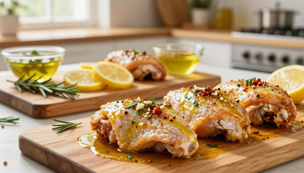 A beautifully arranged display of marinated chicken pieces, glistening with a rich, golden-brown marinade made of herbs and spices. In the foreground, there are raw chicken thighs coated in a shiny blend of olive oil, garlic, paprika, and fresh herbs, hinting at the savory flavors to come. The middle ground showcases a vibrant wooden cutting board with sprigs of rosemary, sliced lemons, and bowls of marinade ingredients, creating an inviting cooking scene. The background is softly blurred, featuring a cozy kitchen with warm, natural light streaming in from a window, enhancing the homey feel of the setting. The atmosphere is appetizing and enticing, reflecting the promise of tender, juicy chicken with a deliciously crispy skin.