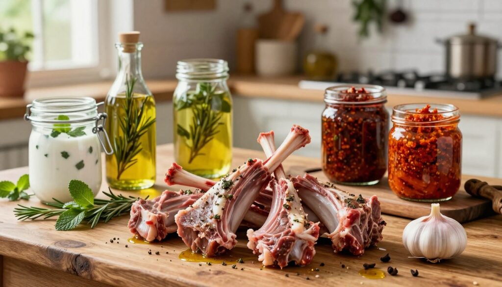 A beautifully arranged display of marinated lamb pieces on a rustic wooden table, showcasing various marinating techniques. In the foreground, a close-up of tender, seasoned lamb garnished with fresh herbs, cloves of garlic, and a splash of aromatic oils. The middle layer reveals glass jars filled with different marinades, such as yogurt and mint, olive oil with rosemary, and spicy chili paste, indicating diverse preparation methods. In the background, a softly lit kitchen with hanging herbs and spices creates an inviting, warm atmosphere, suggesting culinary craftsmanship. The scene is illuminated with natural light coming from a nearby window, highlighting the textures of the meat and the freshness of the ingredients. The overall mood is rustic and appetizing, emphasizing the art of marinating lamb for enhanced flavor and tenderness. A beautifully arranged display of marinated lamb pieces on a rustic wooden table, showcasing various marinating techniques. In the foreground, a close-up of tender, seasoned lamb garnished with fresh herbs, cloves of garlic, and a splash of aromatic oils. The middle layer reveals glass jars filled with different marinades, such as yogurt and mint, olive oil with rosemary, and spicy chili paste, indicating diverse preparation methods. In the background, a softly lit kitchen with hanging herbs and spices creates an inviting, warm atmosphere, suggesting culinary craftsmanship. The scene is illuminated with natural light coming from a nearby window, highlighting the textures of the meat and the freshness of the ingredients. The overall mood is rustic and appetizing, emphasizing the art of marinating lamb for enhanced flavor and tenderness.