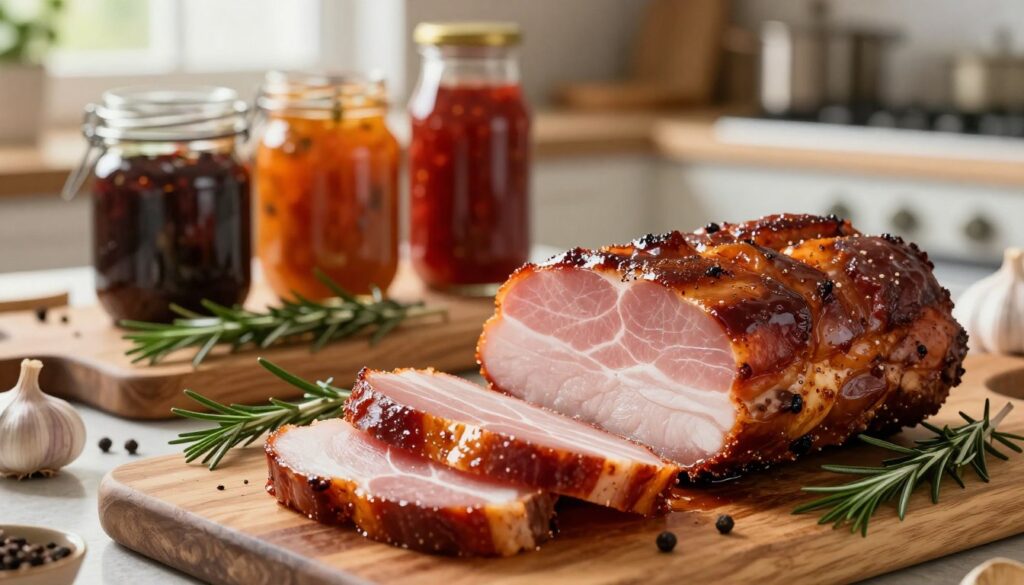 A beautifully arranged display of marinated pork ham, showcasing juicy, glistening slices with a rich brown glaze, surrounded by a variety of herbs and spices like rosemary and garlic. In the foreground, emphasize the tender texture of the meat, with thick, succulent slices angled for a dramatic view. The middle ground should feature a rustic wooden board and several jars of vibrant marinades, with colors ranging from deep reds to earthy browns. In the background, softly blurred kitchen elements suggest a warm cooking atmosphere, included with hints of natural light filtering through a window, creating an inviting and practical setting for culinary exploration. The overall mood should evoke a sense of homely comfort and delicious anticipation. A beautifully arranged display of marinated pork ham, showcasing juicy, glistening slices with a rich brown glaze, surrounded by a variety of herbs and spices like rosemary and garlic. In the foreground, emphasize the tender texture of the meat, with thick, succulent slices angled for a dramatic view. The middle ground should feature a rustic wooden board and several jars of vibrant marinades, with colors ranging from deep reds to earthy browns. In the background, softly blurred kitchen elements suggest a warm cooking atmosphere, included with hints of natural light filtering through a window, creating an inviting and practical setting for culinary exploration. The overall mood should evoke a sense of homely comfort and delicious anticipation.