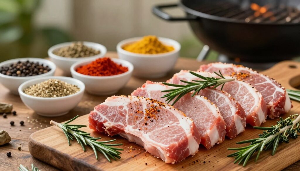 A beautifully arranged display of pork loin slices seasoned with a variety of spices on a rustic wooden table. In the foreground, the pork is garnished with fresh herbs such as rosemary and thyme, highlighting the flavors. In the middle ground, an array of colorful spices in bowls, including paprika, garlic powder, and black pepper, create a vibrant contrast. The background features a softly blurred outdoor grilling setup, adding an inviting summer vibe. Warm, natural lighting enhances the richness of the meat and spices, creating an appetizing atmosphere. The shot is taken from a slight overhead angle, focusing on the textures and colors, inviting viewers to explore the culinary delights of well-seasoned pork.