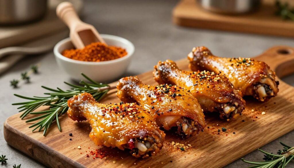 A beautifully arranged display of seasoned chicken drumsticks and wings, placed on a rustic wooden cutting board. The foreground features juicy, golden-brown pieces of chicken, glistening with a mix of spices like paprika, garlic powder, and crushed herbs, creating an exquisite texture. Fresh sprigs of rosemary and thyme are scattered around, enhancing the visual appeal. In the middle ground, a small bowl filled with a vibrant spice mix rests beside a wooden scoop, suggesting creativity in seasoning. The background features a softly blurred kitchen setting, with warm, ambient lighting casting gentle shadows, evoking a cozy cooking atmosphere. An overhead angle captures the entire scene, inviting the viewer to explore the delightful world of chicken seasoning.