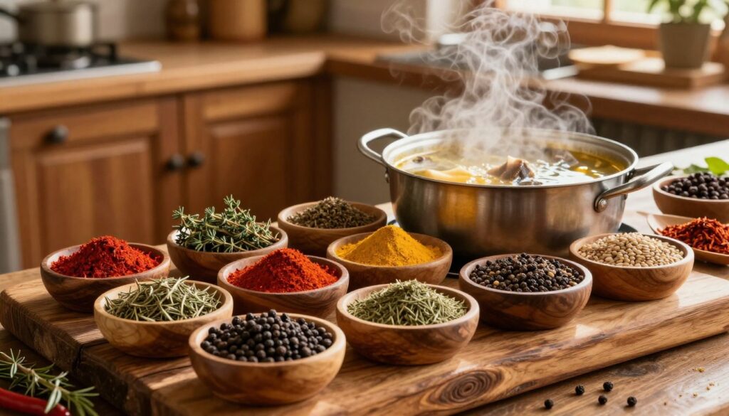 A beautifully arranged display of traditional spices for seasoned tripe, featuring vibrant red paprika, fragrant dried herbs like thyme and marjoram, and whole grains of black pepper. The foreground shows a rustic wooden board adorned with small wooden bowls filled with these spices, each bowl capturing the unique colors and textures. In the middle ground, a gentle stream of golden sunlight illuminates a pot of simmering tripe soup, with steam rising gently. The background features a cozy, rustic kitchen with wooden cabinets and warm tones, evoking a homey atmosphere. The scene is shot from a slightly elevated angle to capture the full spread of spices while emphasizing the inviting aroma that fills the air, creating a warm and comforting mood. A beautifully arranged display of traditional spices for seasoned tripe, featuring vibrant red paprika, fragrant dried herbs like thyme and marjoram, and whole grains of black pepper. The foreground shows a rustic wooden board adorned with small wooden bowls filled with these spices, each bowl capturing the unique colors and textures. In the middle ground, a gentle stream of golden sunlight illuminates a pot of simmering tripe soup, with steam rising gently. The background features a cozy, rustic kitchen with wooden cabinets and warm tones, evoking a homey atmosphere. The scene is shot from a slightly elevated angle to capture the full spread of spices while emphasizing the inviting aroma that fills the air, creating a warm and comforting mood.