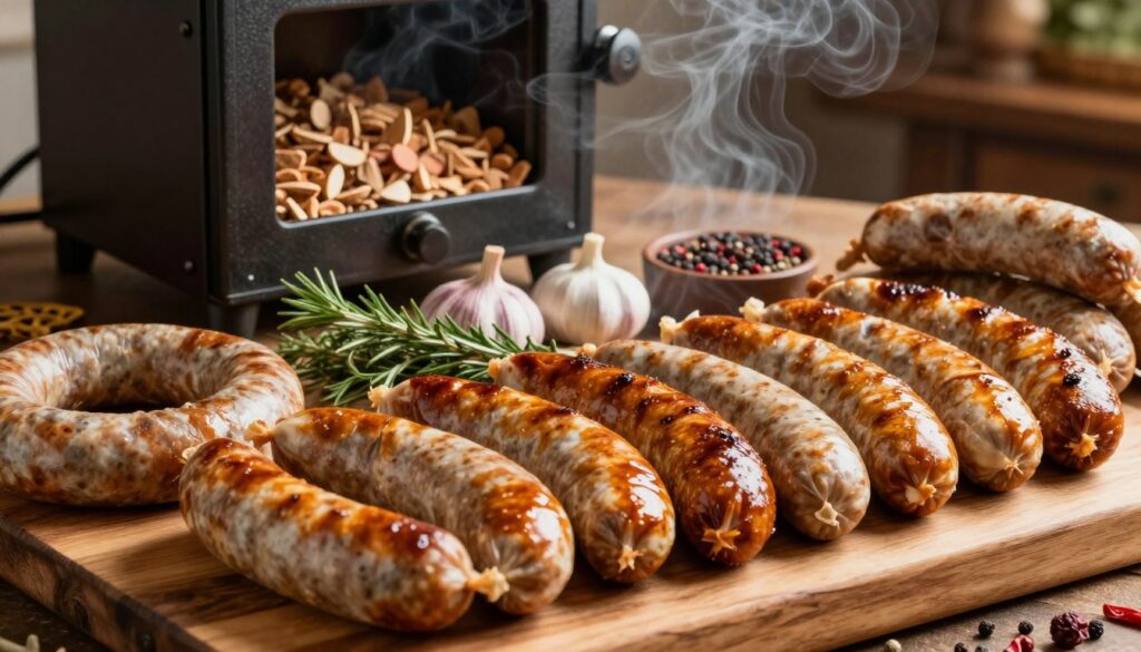 A beautifully arranged display of various types of kiełbasy (Polish sausages), showcasing their rich colors and textures. In the foreground, several freshly smoked sausages, glistening with a tantalizing golden-brown hue, are artfully placed on a rustic wooden cutting board, highlighting their natural casing. In the middle, a selection of herbs and spices, such as garlic, paprika, and black peppercorns, complements the sausages, emphasizing the rich flavors. In the background, a vintage automatic smoker filled with aromatic wood chips emits gentle wisps of smoke, creating a warm, inviting atmosphere. The setting is softly illuminated by warm, natural light, capturing the essence of traditional Polish cuisine and the importance of temperature control in the smoking process. The image should evoke a sense of craftsmanship and culinary expertise, perfect for illustrating the topic at hand. A beautifully arranged display of various types of kiełbasy (Polish sausages), showcasing their rich colors and textures. In the foreground, several freshly smoked sausages, glistening with a tantalizing golden-brown hue, are artfully placed on a rustic wooden cutting board, highlighting their natural casing. In the middle, a selection of herbs and spices, such as garlic, paprika, and black peppercorns, complements the sausages, emphasizing the rich flavors. In the background, a vintage automatic smoker filled with aromatic wood chips emits gentle wisps of smoke, creating a warm, inviting atmosphere. The setting is softly illuminated by warm, natural light, capturing the essence of traditional Polish cuisine and the importance of temperature control in the smoking process. The image should evoke a sense of craftsmanship and culinary expertise, perfect for illustrating the topic at hand.