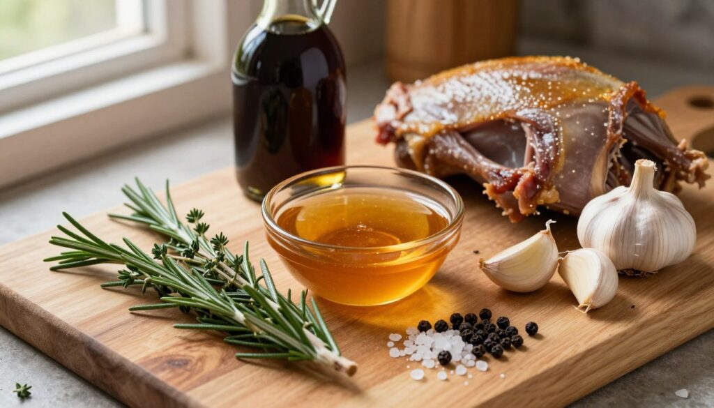 A beautifully arranged flat lay of marinade ingredients for goose, showcasing an assortment of whole spices and herbs. In the foreground, vibrant fresh rosemary and thyme sprigs, glistening sea salt crystals, and coarse black peppercorns are artfully placed. In the middle, a small bowl filled with rich, golden-brown honey, a bottle of dark balsamic vinegar, and a cluster of juicy garlic cloves adds depth. The background features an elegant wooden cutting board, with hints of rustic kitchenware, softly illuminated by warm, natural light streaming from a nearby window, creating a cozy atmosphere. The angle is slightly elevated to capture all elements harmoniously, evoking a sense of culinary inspiration and richness in flavor. A beautifully arranged flat lay of marinade ingredients for goose, showcasing an assortment of whole spices and herbs. In the foreground, vibrant fresh rosemary and thyme sprigs, glistening sea salt crystals, and coarse black peppercorns are artfully placed. In the middle, a small bowl filled with rich, golden-brown honey, a bottle of dark balsamic vinegar, and a cluster of juicy garlic cloves adds depth. The background features an elegant wooden cutting board, with hints of rustic kitchenware, softly illuminated by warm, natural light streaming from a nearby window, creating a cozy atmosphere. The angle is slightly elevated to capture all elements harmoniously, evoking a sense of culinary inspiration and richness in flavor.