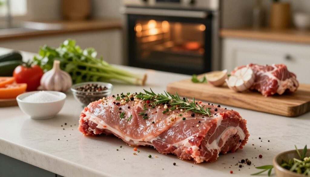 A beautifully arranged kitchen countertop displaying the preparation of meat for roasting. In the foreground, fresh cuts of pork shoulder are marinated with a vibrant mixture of herbs, garlic, and spices, glistening under soft, warm light. The middle ground features various ingredients like bowls of salt, pepper, and chopped vegetables, along with a wooden cutting board. In the background, a well-lit oven is visible, hinting at the cooking process, with a rustic kitchen ambiance. The atmosphere conveys a sense of warmth and care, focusing on the meticulous process of preparing delicious, tender, and juicy meat for roasting. The image should be captured with a shallow depth of field to emphasize the marinated meat and ingredients, creating an inviting culinary scene. A beautifully arranged kitchen countertop displaying the preparation of meat for roasting. In the foreground, fresh cuts of pork shoulder are marinated with a vibrant mixture of herbs, garlic, and spices, glistening under soft, warm light. The middle ground features various ingredients like bowls of salt, pepper, and chopped vegetables, along with a wooden cutting board. In the background, a well-lit oven is visible, hinting at the cooking process, with a rustic kitchen ambiance. The atmosphere conveys a sense of warmth and care, focusing on the meticulous process of preparing delicious, tender, and juicy meat for roasting. The image should be captured with a shallow depth of field to emphasize the marinated meat and ingredients, creating an inviting culinary scene.