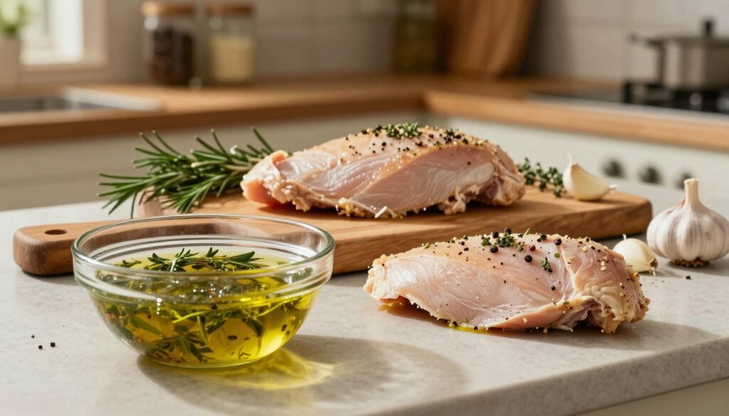 A beautifully arranged kitchen countertop featuring marinated turkey breast fillets. In the foreground, showcase a glass bowl filled with a vibrant marinade made from fresh herbs, garlic, olive oil, and spices, with the juicy turkey fillets resting beside it. The middle layer consists of a cutting board adorned with fresh rosemary, thyme, and garlic cloves. Soft, warm lighting illuminates the scene, creating an inviting atmosphere that emphasizes the freshness of the ingredients. In the background, a blurred view of a rustic kitchen setting complete with wooden shelves and spice jars enhances the homely feel. The angle should capture the essence of home cooking, inviting viewers to consider the right ingredients for tender, succulent turkey meat. A beautifully arranged kitchen countertop featuring marinated turkey breast fillets. In the foreground, showcase a glass bowl filled with a vibrant marinade made from fresh herbs, garlic, olive oil, and spices, with the juicy turkey fillets resting beside it. The middle layer consists of a cutting board adorned with fresh rosemary, thyme, and garlic cloves. Soft, warm lighting illuminates the scene, creating an inviting atmosphere that emphasizes the freshness of the ingredients. In the background, a blurred view of a rustic kitchen setting complete with wooden shelves and spice jars enhances the homely feel. The angle should capture the essence of home cooking, inviting viewers to consider the right ingredients for tender, succulent turkey meat.