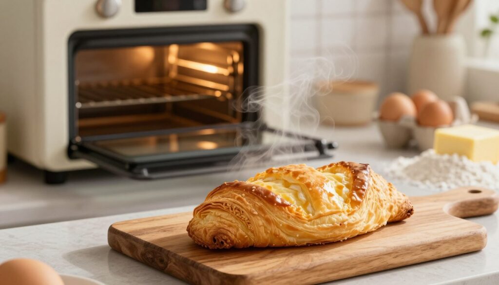 A beautifully arranged kitchen scene featuring a freshly baked puff pastry, with golden-brown layers showcasing its flaky texture. In the foreground, the pastry is placed on a rustic wooden cutting board, steam gently rising from it, emphasizing its warmth and crispness. The middle ground includes a traditional oven with the door slightly ajar, revealing the residual heat and light glowing from within, symbolizing the ideal baking temperature. Soft, natural lighting bathes the scene, creating a cozy, inviting atmosphere. In the background, there are fresh ingredients like eggs, butter, and flour artfully arranged, hinting at the preparation process. The overall mood is warm and welcoming, highlighting the theme of achieving perfect pastry crispiness.