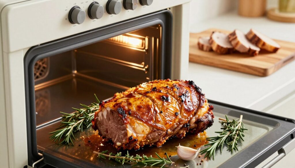 A beautifully arranged kitchen scene featuring a succulent piece of roasted pork loin in the foreground, glistening with a rich, golden-brown crust. The meat is surrounded by an array of aromatic herbs and spices like rosemary, thyme, and garlic, adding visual interest. In the middle, a modern oven is visible, its door cracked open, with warm light spilling out, illuminating the dish. A wooden cutting board in the background showcases sliced portions of the schab, with juices glistening on top. The scene is softly lit with natural lighting, creating a warm and inviting atmosphere. The angle is slightly overhead, providing a detailed view of the dish and the preparation space, emphasizing the culinary process of selecting roasting methods. No text or watermarks present, focusing solely on the appetizing visual. A beautifully arranged kitchen scene featuring a succulent piece of roasted pork loin in the foreground, glistening with a rich, golden-brown crust. The meat is surrounded by an array of aromatic herbs and spices like rosemary, thyme, and garlic, adding visual interest. In the middle, a modern oven is visible, its door cracked open, with warm light spilling out, illuminating the dish. A wooden cutting board in the background showcases sliced portions of the schab, with juices glistening on top. The scene is softly lit with natural lighting, creating a warm and inviting atmosphere. The angle is slightly overhead, providing a detailed view of the dish and the preparation space, emphasizing the culinary process of selecting roasting methods. No text or watermarks present, focusing solely on the appetizing visual.