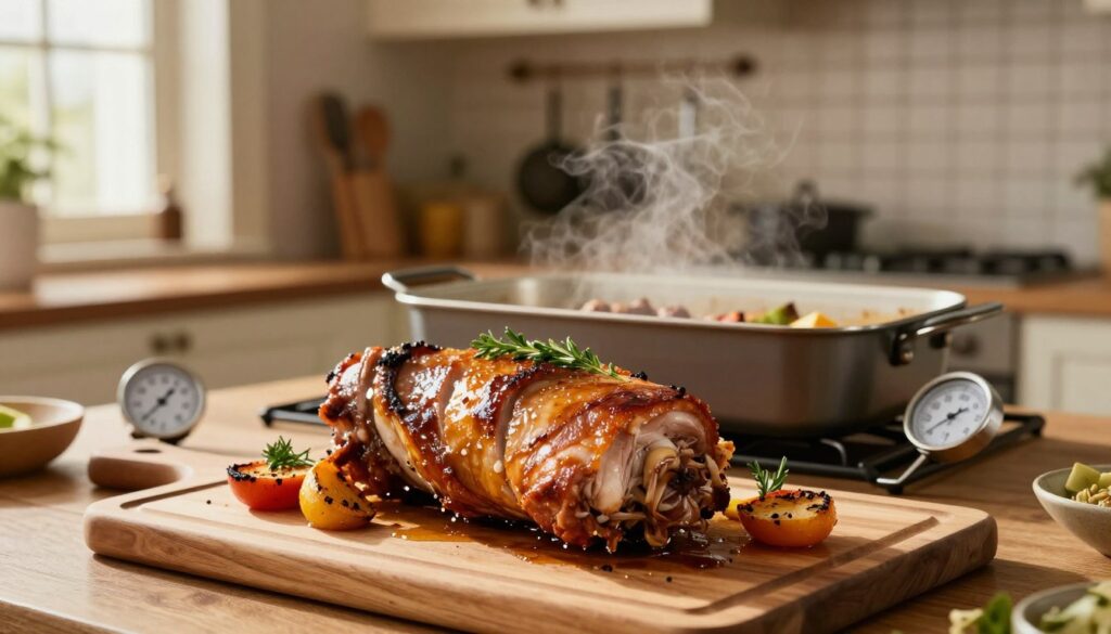 A beautifully arranged kitchen scene focused on the method of roasting pork loin (schab). In the foreground, a succulent, golden-brown pork loin rests on a wooden cutting board, garnished with fresh herbs and roasted vegetables, glistening with juices. The middle ground features an elegant roasting pan with accompanying kitchen utensils, showcasing a traditional meat thermometer placed beside it. In the background, a cozy, warmly lit kitchen with cabinets and hanging pots creates an inviting atmosphere. Soft, natural light filters through a window, casting gentle shadows, while a hint of steam rises from the oven, suggesting perfect cooking conditions. The overall mood is warm and inviting, capturing the essence of thoughtful cooking methods for the best outcomes. A beautifully arranged kitchen scene focused on the method of roasting pork loin (schab). In the foreground, a succulent, golden-brown pork loin rests on a wooden cutting board, garnished with fresh herbs and roasted vegetables, glistening with juices. The middle ground features an elegant roasting pan with accompanying kitchen utensils, showcasing a traditional meat thermometer placed beside it. In the background, a cozy, warmly lit kitchen with cabinets and hanging pots creates an inviting atmosphere. Soft, natural light filters through a window, casting gentle shadows, while a hint of steam rises from the oven, suggesting perfect cooking conditions. The overall mood is warm and inviting, capturing the essence of thoughtful cooking methods for the best outcomes.