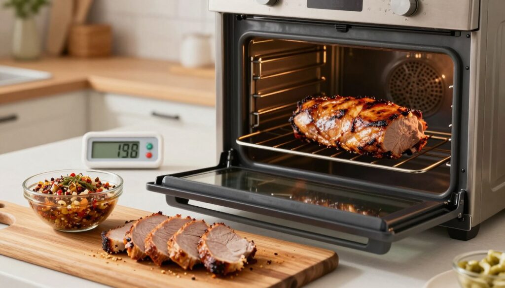 A beautifully arranged kitchen scene focused on the process of baking pork tenderloin, highlighting common mistakes. In the foreground, a wooden cutting board displays overcooked, dried-out slices of pork, showing uneven cooking. Next to it, a bowl containing a marinated mixture with spices and herbs sits invitingly. In the middle ground, a modern oven is visible with an open door, displaying an unappetizingly overcooked pork tenderloin. On the kitchen counter, a digital thermometer shows a high, incorrect temperature. The background features a warm, inviting kitchen atmosphere with soft lighting, emphasizing the home-cooked vibe. Use a shallow depth of field to slightly blur the background, drawing attention to the mistakes in the cooking process. The overall mood is informative yet engaging, encouraging viewers to learn from these common errors.