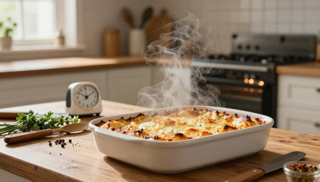 A beautifully arranged kitchen scene showcasing a freshly baked casserole dish in the foreground, steam rising gently from its golden, crispy top. The dish is set on a rustic wooden table, surrounded by kitchen utensils and ingredients like herbs and spices, enhancing the coziness of the setting. In the middle ground, a timer and an oven with glowing lights signify the baking process, emphasizing precision. The background features a warm, inviting kitchen with soft, natural lighting streaming through a window, creating a comforting atmosphere. The lens perspective captures the dish at a slight angle, highlighting both its texture and the inviting decor of the kitchen. The overall mood is one of warmth and homeliness, perfect for illustrating key baking parameters.