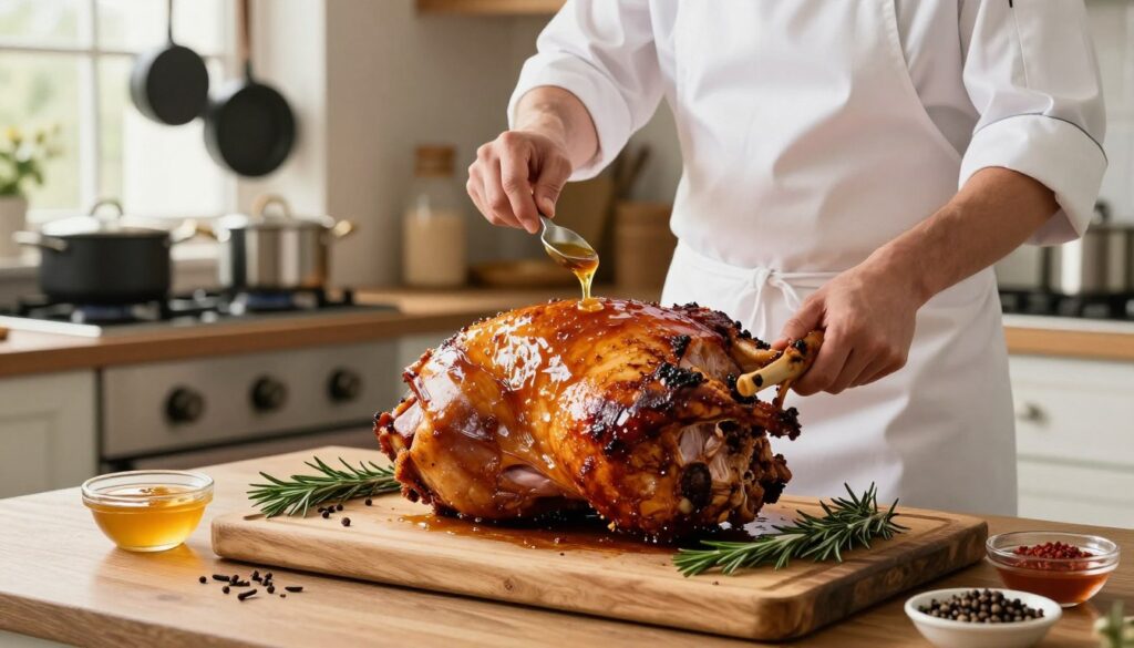 A beautifully arranged kitchen scene showcasing techniques for roasting ham. In the foreground, a succulent, golden-brown ham is resting on a rustic wooden cutting board, glistening with a rich glaze. Surrounding the ham, various spices and herbs are artfully placed, including sprigs of rosemary, cloves, and a small bowl of honey. In the middle ground, a chef in a crisp white apron expertly bastes the ham with a flavorful marinade, showcasing cooking techniques. The background features a cozy kitchen setting with warm, natural light streaming through a window, illuminating pots and pans hanging gracefully above a stove. The atmosphere is inviting and homey, evoking a sense of comfort and culinary mastery. The composition highlights the art of cooking, emphasizing deliciousness and care in preparing a juicy roast. A beautifully arranged kitchen scene showcasing techniques for roasting ham. In the foreground, a succulent, golden-brown ham is resting on a rustic wooden cutting board, glistening with a rich glaze. Surrounding the ham, various spices and herbs are artfully placed, including sprigs of rosemary, cloves, and a small bowl of honey. In the middle ground, a chef in a crisp white apron expertly bastes the ham with a flavorful marinade, showcasing cooking techniques. The background features a cozy kitchen setting with warm, natural light streaming through a window, illuminating pots and pans hanging gracefully above a stove. The atmosphere is inviting and homey, evoking a sense of comfort and culinary mastery. The composition highlights the art of cooking, emphasizing deliciousness and care in preparing a juicy roast.