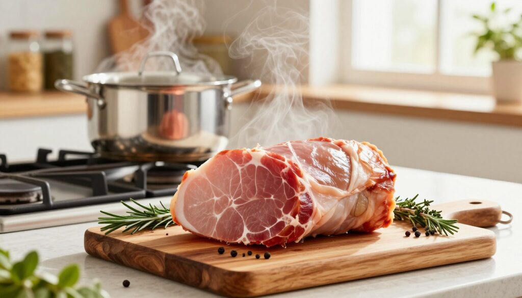 A beautifully arranged kitchen scene showcasing the art of steaming ham. In the foreground, a large, succulent piece of ham is placed on a rustic wooden cutting board, with steam gently rising from it, highlighting its juicy texture. Surrounding the ham are vibrant herbs and spices such as rosemary, thyme, and black pepper, creating a sense of freshness. In the middle ground, a stainless steel pot sits on a bright, modern stovetop, reflecting warm light that fills the room. The background features soft-focus kitchen elements like shelves with jars of spices and a large window allowing natural light to spill in, enhancing the warm, inviting atmosphere. The overall mood is one of culinary craft, emphasizing the essence of cooking ham to perfection. Light captures the shininess of the ham, while the overall color palette conveys a sense of warmth and homeliness. A beautifully arranged kitchen scene showcasing the art of steaming ham. In the foreground, a large, succulent piece of ham is placed on a rustic wooden cutting board, with steam gently rising from it, highlighting its juicy texture. Surrounding the ham are vibrant herbs and spices such as rosemary, thyme, and black pepper, creating a sense of freshness. In the middle ground, a stainless steel pot sits on a bright, modern stovetop, reflecting warm light that fills the room. The background features soft-focus kitchen elements like shelves with jars of spices and a large window allowing natural light to spill in, enhancing the warm, inviting atmosphere. The overall mood is one of culinary craft, emphasizing the essence of cooking ham to perfection. Light captures the shininess of the ham, while the overall color palette conveys a sense of warmth and homeliness.