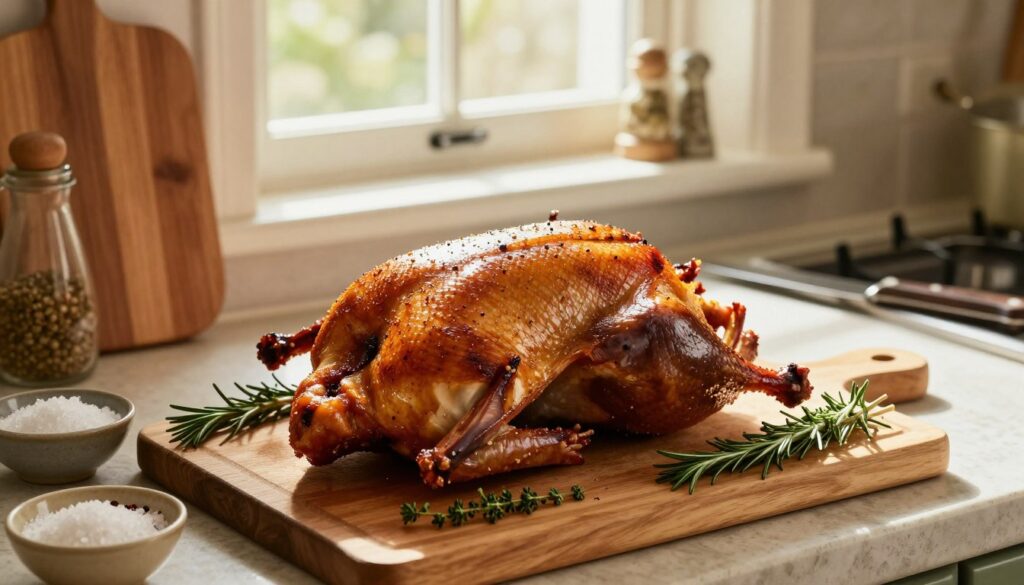 A beautifully arranged kitchen scene showcasing the preparation of a duck before roasting. In the foreground, a whole duck rests on a wooden cutting board, surrounded by fresh herbs like rosemary and thyme, alongside a small bowl of coarse salt and spices. The middle ground features a rustic kitchen countertop with various kitchen utensils, like a sharp knife and a meat fork, adding to the culinary atmosphere. In the background, warm natural light streams through a window, illuminating the scene and casting soft shadows. The overall mood is inviting and homely, reflecting the intricate process of seasoning the duck for enhanced flavor and crispy skin. The camera angle captures the scene at a slight elevation, providing a clear view of the ingredients and preparation activity. A beautifully arranged kitchen scene showcasing the preparation of a duck before roasting. In the foreground, a whole duck rests on a wooden cutting board, surrounded by fresh herbs like rosemary and thyme, alongside a small bowl of coarse salt and spices. The middle ground features a rustic kitchen countertop with various kitchen utensils, like a sharp knife and a meat fork, adding to the culinary atmosphere. In the background, warm natural light streams through a window, illuminating the scene and casting soft shadows. The overall mood is inviting and homely, reflecting the intricate process of seasoning the duck for enhanced flavor and crispy skin. The camera angle captures the scene at a slight elevation, providing a clear view of the ingredients and preparation activity.