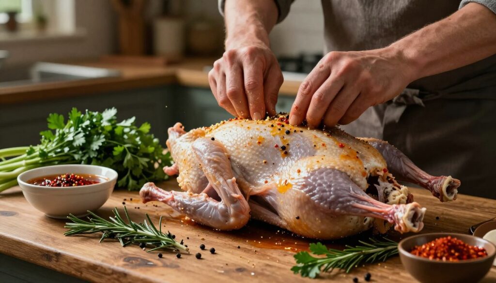 A beautifully arranged kitchen scene showcasing the process of marinating a goose. In the foreground, a plump, well-groomed goose sits on a rustic wooden countertop, surrounded by an array of colorful herbs, spices, and a bowl of rich marinade. Vivid greens from fresh rosemary and parsley contrast with the deep reds of paprika and black peppercorns. The middle ground features a pair of hands skillfully massaging the marinade into the skin of the goose, emphasizing the technique of marination. In the background, a softly lit kitchen exudes warmth, with dim lighting casting gentle shadows and highlighting the textures of the ingredients. The mood conveys a sense of homely comfort and culinary passion, inviting viewers to appreciate the artistry behind marinating. A beautifully arranged kitchen scene showcasing the process of marinating a goose. In the foreground, a plump, well-groomed goose sits on a rustic wooden countertop, surrounded by an array of colorful herbs, spices, and a bowl of rich marinade. Vivid greens from fresh rosemary and parsley contrast with the deep reds of paprika and black peppercorns. The middle ground features a pair of hands skillfully massaging the marinade into the skin of the goose, emphasizing the technique of marination. In the background, a softly lit kitchen exudes warmth, with dim lighting casting gentle shadows and highlighting the textures of the ingredients. The mood conveys a sense of homely comfort and culinary passion, inviting viewers to appreciate the artistry behind marinating.