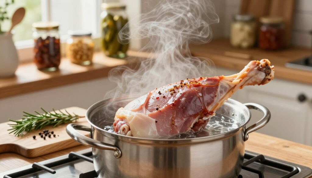 A beautifully arranged kitchen scene showcasing the process of steaming ham. In the foreground, a shiny pot filled with steaming water sits on a stovetop, with an artisanal ham partially submerged in the steamer basket above it, glistening with spices visible on its surface. In the middle ground, a cutting board holds fresh herbs and spices, like rosemary and black pepper, with a few kitchen utensils scattered around. The background features rustic wooden shelves adorned with jars of pickles and preserves, along with soft, natural light filtering in through a window, casting a warm glow. The atmosphere conveys a cozy, home-cooked meal preparation vibe, inviting viewers to appreciate the art of cooking ham at home. A beautifully arranged kitchen scene showcasing the process of steaming ham. In the foreground, a shiny pot filled with steaming water sits on a stovetop, with an artisanal ham partially submerged in the steamer basket above it, glistening with spices visible on its surface. In the middle ground, a cutting board holds fresh herbs and spices, like rosemary and black pepper, with a few kitchen utensils scattered around. The background features rustic wooden shelves adorned with jars of pickles and preserves, along with soft, natural light filtering in through a window, casting a warm glow. The atmosphere conveys a cozy, home-cooked meal preparation vibe, inviting viewers to appreciate the art of cooking ham at home.