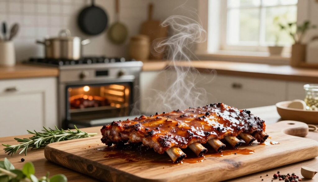 A beautifully arranged kitchen scene showcasing the techniques of baking ribs. In the foreground, a perfectly seasoned marinated rack of ribs glistens with a rich, amber glaze, resting on a rustic wooden cutting board. Surrounding the ribs are sprigs of fresh herbs and spices, subtly hinting at the marinade's ingredients. In the middle ground, an oven with the door slightly ajar emits a warm, inviting light, illuminating the delicious aromas wafting through the air. The background features pots and pans hanging, alongside a window with sunlight streaming in, creating a cozy and homey atmosphere. The image captures the essence of culinary creativity and warmth, with soft focus on the kitchen details, inviting viewers to imagine the delectable experience of enjoying tender, juicy ribs. A beautifully arranged kitchen scene showcasing the techniques of baking ribs. In the foreground, a perfectly seasoned marinated rack of ribs glistens with a rich, amber glaze, resting on a rustic wooden cutting board. Surrounding the ribs are sprigs of fresh herbs and spices, subtly hinting at the marinade's ingredients. In the middle ground, an oven with the door slightly ajar emits a warm, inviting light, illuminating the delicious aromas wafting through the air. The background features pots and pans hanging, alongside a window with sunlight streaming in, creating a cozy and homey atmosphere. The image captures the essence of culinary creativity and warmth, with soft focus on the kitchen details, inviting viewers to imagine the delectable experience of enjoying tender, juicy ribs.