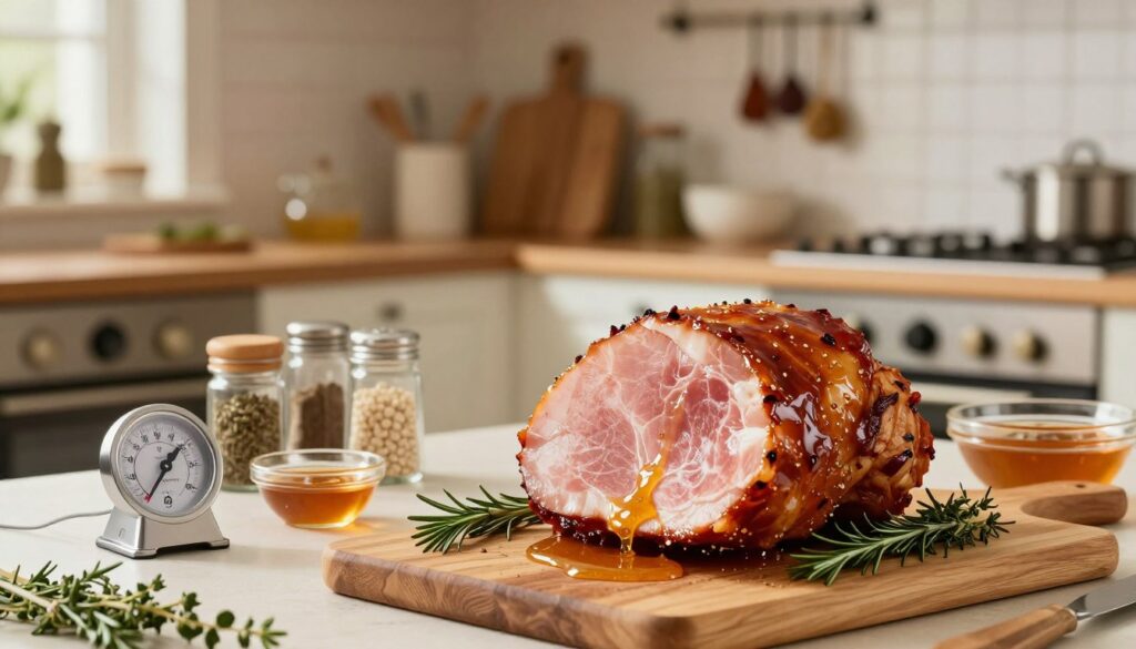 A beautifully arranged kitchen scene showcasing various techniques for baking ham. In the foreground, a succulent glazed ham rests on a wooden cutting board, glistening with a honey-mustard glaze and garnished with fresh herbs like rosemary and thyme. In the middle, a variety of tools and ingredients are displayed, including a meat thermometer, seasoning jars, and a bowl of marinade, all artfully organized to suggest preparation. The background reveals a cozy, well-lit kitchen with a traditional oven, spices hanging on the wall, and soft, warm lighting that creates an inviting atmosphere. The depth of field emphasizes the ham while slightly blurring the background, capturing the essence of a homely cooking experience.
