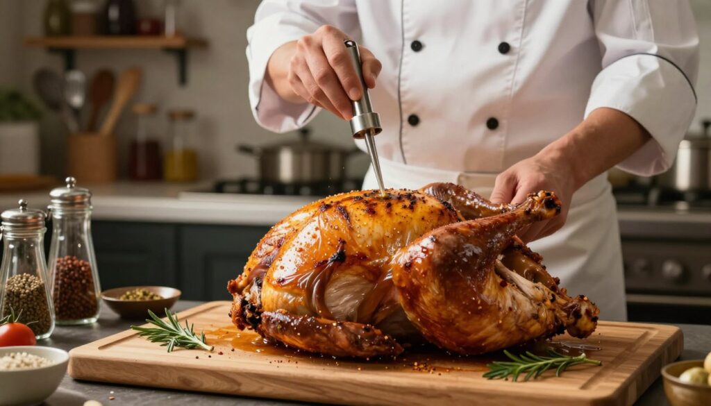 A beautifully arranged kitchen scene showcasing various techniques for cooking marinated turkey breast. In the foreground, a perfectly seared turkey breast, glistening with spices and garnished with fresh herbs, rests on a wooden cutting board. In the middle ground, a chef in professional attire is skillfully basting the turkey with a marinade, surrounded by tools like a baster and meat thermometer, emphasizing precision in cooking. Soft, warm lighting highlights the rich, golden-brown color of the meat while creating a cozy atmosphere. In the background, shelves filled with spices and cooking utensils enhance the culinary setting. The image conveys a sense of warmth and expertise, ideal for illustrating the art of thermal processing marinated meat. A beautifully arranged kitchen scene showcasing various techniques for cooking marinated turkey breast. In the foreground, a perfectly seared turkey breast, glistening with spices and garnished with fresh herbs, rests on a wooden cutting board. In the middle ground, a chef in professional attire is skillfully basting the turkey with a marinade, surrounded by tools like a baster and meat thermometer, emphasizing precision in cooking. Soft, warm lighting highlights the rich, golden-brown color of the meat while creating a cozy atmosphere. In the background, shelves filled with spices and cooking utensils enhance the culinary setting. The image conveys a sense of warmth and expertise, ideal for illustrating the art of thermal processing marinated meat.