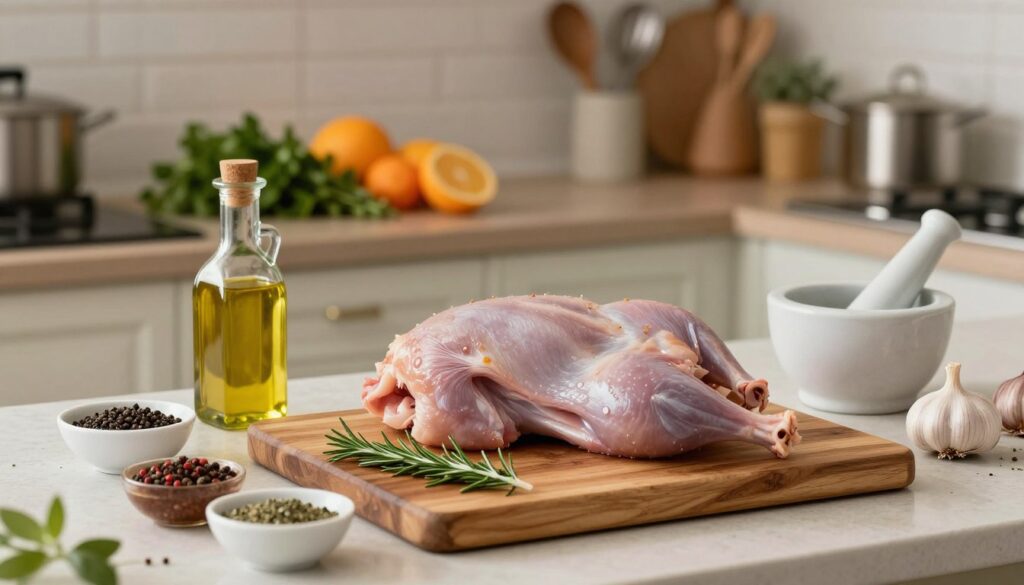 A beautifully arranged kitchen scene showcasing various techniques for marinating rabbit. In the foreground, a wooden cutting board with a whole rabbit, surrounded by small bowls filled with an array of spices: rosemary, thyme, garlic, and pepper. A glass bottle of olive oil and a mortar and pestle are nearby, emphasizing the method of preparation. In the middle ground, an elegant kitchen countertop, featuring fresh herbs and citrus fruits, adding a splash of color. The background shows soft-focus kitchen utensils and ambient lighting that creates a warm, inviting atmosphere. The overall mood is rustic yet sophisticated, evoking a sense of culinary expertise and attention to detail.