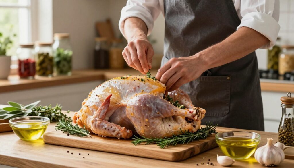 A beautifully arranged kitchen scene showcasing various techniques for marinating turkey. In the foreground, a wooden cutting board holds a perfectly prepared turkey alongside an array of colorful herbs such as rosemary, thyme, and sage. A small bowl of vibrant olive oil and spices is nearby, with fresh garlic cloves scattered artistically around. In the middle ground, a chef in a neat apron gently massages a marinade into the turkey with their hands, emphasizing care and attention. The background features shelves lined with jars of pickling spices and herbs, softly illuminated by warm, natural light that filters through a window, creating a welcoming and cozy atmosphere. The composition reflects a professional yet homely vibe, inviting viewers to explore the art of marinating for succulent, flavorful results.