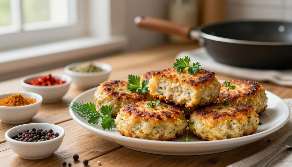 A beautifully arranged plate of golden-brown kotletów mielonych, the traditional Polish meat patties, garnished with fresh herbs like parsley and dill. In the foreground, a few patties are artfully stacked, showcasing their crispy exterior and juicy interior. Beside the plate, an array of spices like paprika, garlic powder, and black pepper are displayed in small bowls, hinting at flavor enhancements. The background features a rustic wooden table, softly lit by warm, natural light from a nearby window, creating an inviting and homely atmosphere. A blurred glimpse of a kitchen setting, including a frying pan and ingredients, adds depth to the scene, emphasizing the cooking process. The overall mood is warm and appetizing, perfect for illustrating culinary delights. A beautifully arranged plate of golden-brown kotletów mielonych, the traditional Polish meat patties, garnished with fresh herbs like parsley and dill. In the foreground, a few patties are artfully stacked, showcasing their crispy exterior and juicy interior. Beside the plate, an array of spices like paprika, garlic powder, and black pepper are displayed in small bowls, hinting at flavor enhancements. The background features a rustic wooden table, softly lit by warm, natural light from a nearby window, creating an inviting and homely atmosphere. A blurred glimpse of a kitchen setting, including a frying pan and ingredients, adds depth to the scene, emphasizing the cooking process. The overall mood is warm and appetizing, perfect for illustrating culinary delights.