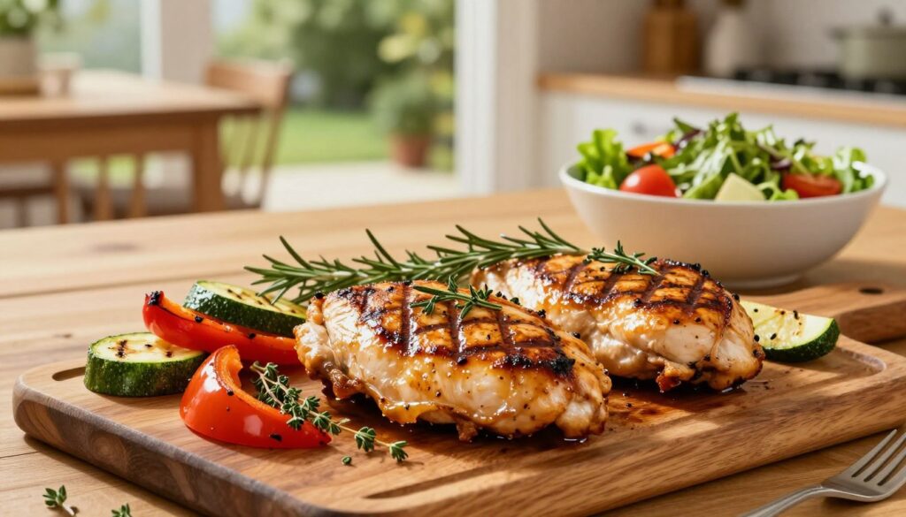 A beautifully arranged plate of grilled chicken breasts, showcasing their juicy, golden-brown exterior with grill marks, glistening from a savory marinade. In the foreground, the chicken is placed on a rustic wooden board, garnished with fresh herbs like rosemary and thyme, and surrounded by colorful grilled vegetables such as vibrant bell peppers and zucchini spears. The middle ground features a light, airy kitchen setting with a wooden dining table, and a vibrant salad in a bowl, adding freshness to the scene. The background includes a softly blurred outdoor patio with greenery, illuminated by warm, natural light, creating an inviting and appetizing atmosphere. The composition should evoke a sense of home-cooked comfort, ideal for a quick yet satisfying meal experience.