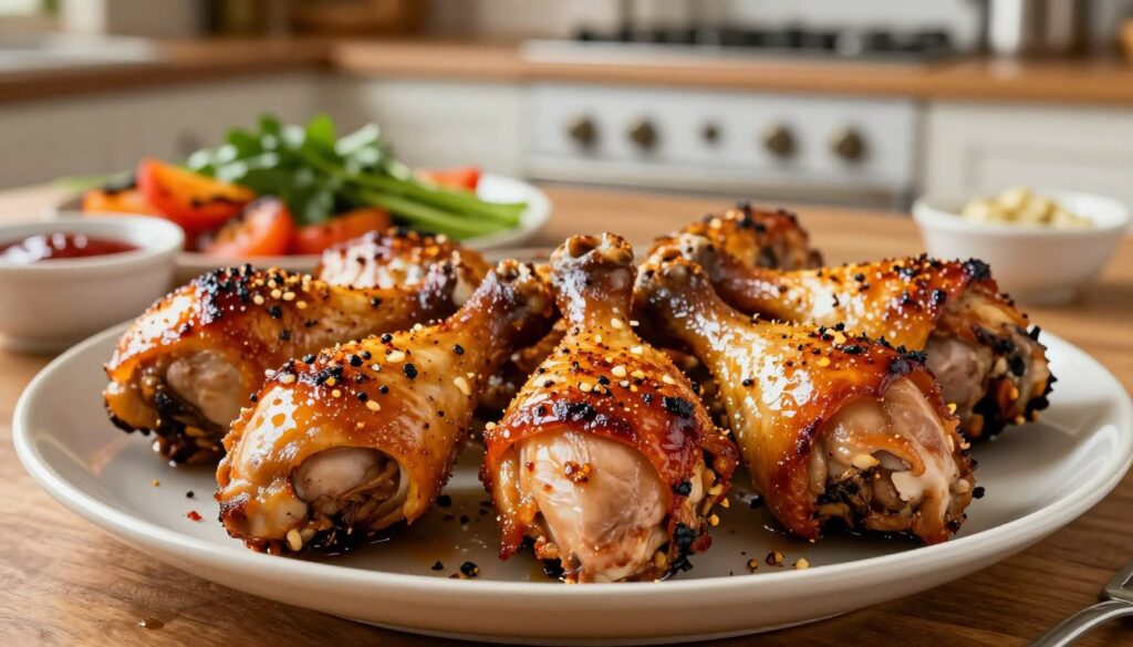A beautifully arranged plate of grilled chicken drumsticks, showcasing their glossy, caramelized skin, resting on a wooden table. The foreground focuses on the chicken, glistening with a blend of spices, showcasing a mix of savory herbs such as paprika, garlic, and black pepper. In the middle ground, vibrant sides like roasted vegetables, fresh herbs, and dipping sauces add color to the composition. The background features a rustic kitchen with warm lighting that highlights the textures of the food. A close-up angle captures the juiciness of the meat and the inviting nature of the dish, creating a cozy and appetizing atmosphere perfect for a family meal. The overall mood is warm and inviting, emphasizing the deliciousness of the perfectly seasoned chicken.