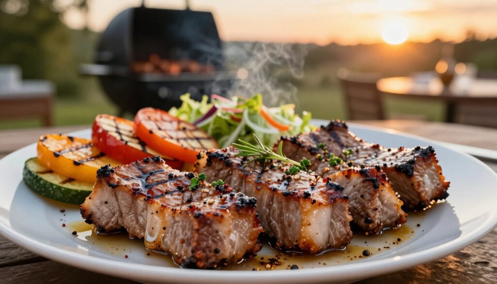 A beautifully arranged plate of grilled pork neck (karkówka) marinated in a brine solution, showcasing its juicy, succulent texture. The foreground features the richly seasoned meat with glistening grill marks, garnished with fresh herbs and a sprinkle of spices. In the middle, a vibrant array of colorful side dishes, such as grilled vegetables and a fresh salad, complement the main dish. The background is softly blurred, depicting a cozy outdoor grilling scene with a warm, golden sunset casting gentle light, creating a smoky ambiance. The scene evokes a sense of summer gatherings and culinary delight, emphasizing the mouthwatering allure of perfectly grilled pork, enhanced by the smokiness from the grill.