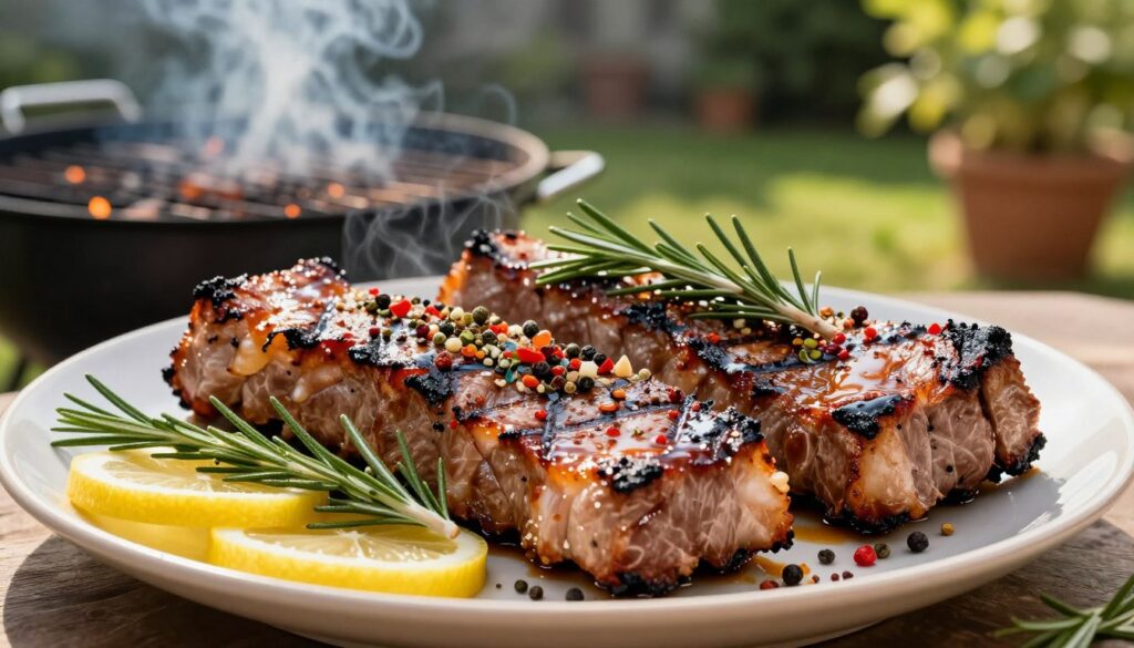 A beautifully arranged plate of grilled pork neck steaks (karkówka), perfectly seasoned with an array of vibrant spices and herbs, including rosemary, garlic, and paprika. The grill marks on the juicy, charred meat glisten with a light glaze, suggesting a smoky flavor. In the foreground, the succulent meat is artistically presented with a garnish of fresh herbs and lemon slices. In the middle ground, the barbecue grill is visible, adding to the summer vibe, with tendrils of smoke curling up in the air. In the background, a sunlit garden setting with blurred greenery enhances the outdoor atmosphere. The lighting is warm and inviting, casting gentle highlights on the food, while a slightly shallow depth of field draws focus to the mouth-watering dish. The overall mood conveys a sense of summer enjoyment and culinary delight.