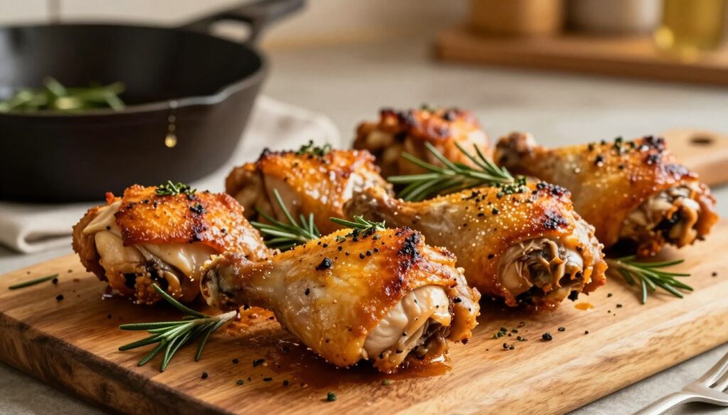 A beautifully arranged plate of juicy, golden-brown chicken thighs, freshly roasted to perfection, showcasing crispy skin and succulent, tender meat. The chicken is garnished with sprigs of rosemary and scattered herbs, adding a pop of green. In the foreground, a rustic wooden cutting board holds the chicken, emphasizing its inviting texture. In the middle, a cast-iron skillet with a few drizzling droplets of savory juices complements the scene, suggesting a home-cooked feel. The background features a softly blurred kitchen setting with warm, ambient lighting that creates a cozy atmosphere, ideal for a family dinner. Capture the essence of comfort food, highlighting the inviting golden hues and the mouthwatering details of perfectly roasted chicken thighs.