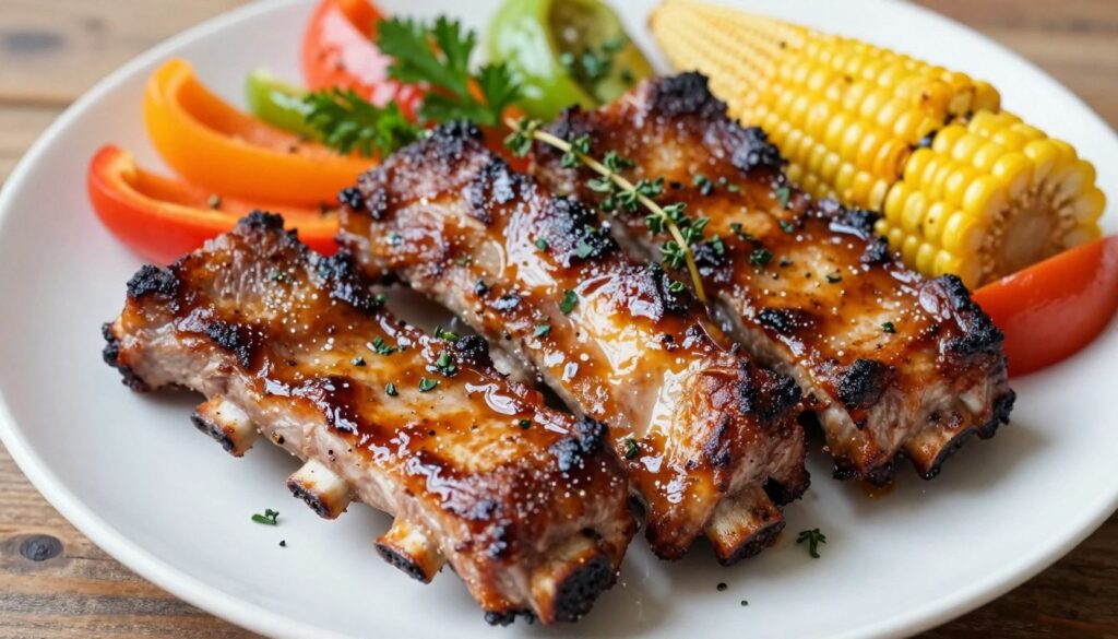 A beautifully arranged plate of juicy, grilled pork ribs, showcasing the succulent, tender meat glistening with a sweet and spicy glaze. The ribs are garnished with fresh herbs, such as parsley and thyme, and served alongside colorful sides of roasted vegetables, including bell peppers, carrots, and corn on the cob. Soft, natural lighting enhances the appetizing sheen of the glaze, while a blurred wooden table in the background gives a rustic feel. The photo is taken from a top-down angle, emphasizing the texture and mouthwatering details of the ribs, creating a warm, inviting atmosphere that captures the essence of flavorful cooking. A beautifully arranged plate of juicy, grilled pork ribs, showcasing the succulent, tender meat glistening with a sweet and spicy glaze. The ribs are garnished with fresh herbs, such as parsley and thyme, and served alongside colorful sides of roasted vegetables, including bell peppers, carrots, and corn on the cob. Soft, natural lighting enhances the appetizing sheen of the glaze, while a blurred wooden table in the background gives a rustic feel. The photo is taken from a top-down angle, emphasizing the texture and mouthwatering details of the ribs, creating a warm, inviting atmosphere that captures the essence of flavorful cooking.