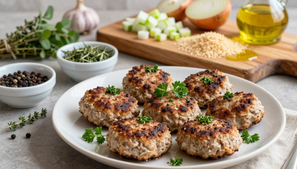 A beautifully arranged plate of "kotletów mielonych," showcasing golden-brown meat patties garnished with fresh parsley, sits in the foreground. Beside them, small bowls contain essential herbs and spices like thyme, oregano, garlic, and black pepper, emphasizing the article's focal point on seasoning. In the middle background, a rustic wooden cutting board displays additional ingredients such as chopped onions, breadcrumbs, and a drizzle of olive oil, enhancing the culinary context. The scene is warmly lit, with soft, natural light illuminating the textures of the meat and ingredients, creating a cozy kitchen atmosphere. The angle is slightly above the plate, inviting viewers to appreciate the vibrant colors and inviting presentation of this classic dish. A beautifully arranged plate of "kotletów mielonych," showcasing golden-brown meat patties garnished with fresh parsley, sits in the foreground. Beside them, small bowls contain essential herbs and spices like thyme, oregano, garlic, and black pepper, emphasizing the article's focal point on seasoning. In the middle background, a rustic wooden cutting board displays additional ingredients such as chopped onions, breadcrumbs, and a drizzle of olive oil, enhancing the culinary context. The scene is warmly lit, with soft, natural light illuminating the textures of the meat and ingredients, creating a cozy kitchen atmosphere. The angle is slightly above the plate, inviting viewers to appreciate the vibrant colors and inviting presentation of this classic dish.