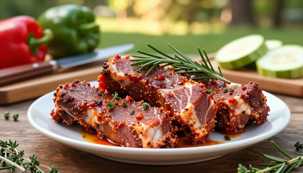 A beautifully arranged plate of marinated pork neck, also known as "karkówka," glistening with a rich, spicy marinade that showcases a vibrant blend of deep red and earthy tones. The foreground features the succulent meat, garnished with fresh herbs like rosemary and thyme for an aromatic touch. The middle ground includes a rustic wooden board with grilling utensils and fresh vegetables such as bell peppers and zucchini, hinting at a summer barbecue atmosphere. In the background, a softly blurred outdoor setting with green grass and warm sunlight filtering through trees creates a relaxed, inviting mood. The image is captured from a slightly elevated angle, allowing for all elements to be visible, with natural lighting enhancing the inviting colors of the marinade and the freshness of the ingredients. A beautifully arranged plate of marinated pork neck, also known as "karkówka," glistening with a rich, spicy marinade that showcases a vibrant blend of deep red and earthy tones. The foreground features the succulent meat, garnished with fresh herbs like rosemary and thyme for an aromatic touch. The middle ground includes a rustic wooden board with grilling utensils and fresh vegetables such as bell peppers and zucchini, hinting at a summer barbecue atmosphere. In the background, a softly blurred outdoor setting with green grass and warm sunlight filtering through trees creates a relaxed, inviting mood. The image is captured from a slightly elevated angle, allowing for all elements to be visible, with natural lighting enhancing the inviting colors of the marinade and the freshness of the ingredients.