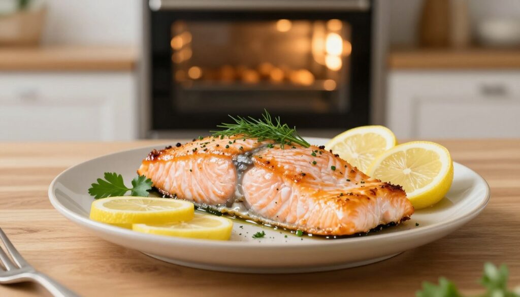A beautifully arranged plate of perfectly baked salmon fillet, glistening with a light golden crust, set against a soft, natural wooden surface. The salmon is garnished with fresh herbs like dill and parsley, alongside thinly sliced lemon for a pop of color. In the background, a blurred oven with warm, inviting light emanating from it creates an atmosphere of comfort and warmth. The focus is sharp on the salmon, highlighting its flaky, juicy texture, while the depth of field captures the pleasant ambiance of a well-equipped kitchen. Soft, natural light bathes the scene, enhancing the dish's appetizing appearance and evoking a sense of culinary elegance. This composition aims to convey the skillful technique of baking, emphasizing the freshness and delicacy of the fish. A beautifully arranged plate of perfectly baked salmon fillet, glistening with a light golden crust, set against a soft, natural wooden surface. The salmon is garnished with fresh herbs like dill and parsley, alongside thinly sliced lemon for a pop of color. In the background, a blurred oven with warm, inviting light emanating from it creates an atmosphere of comfort and warmth. The focus is sharp on the salmon, highlighting its flaky, juicy texture, while the depth of field captures the pleasant ambiance of a well-equipped kitchen. Soft, natural light bathes the scene, enhancing the dish's appetizing appearance and evoking a sense of culinary elegance. This composition aims to convey the skillful technique of baking, emphasizing the freshness and delicacy of the fish.
