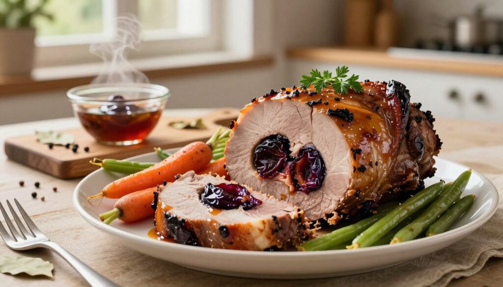 A beautifully arranged plate of schab śliwką, showcasing a perfectly roasted pork loin stuffed with juicy prunes, garnished with fresh herbs. In the foreground, the succulent meat is sliced to reveal the rich, dark plums inside, glistening with a light glaze. Surrounding the pork are vibrant seasonal vegetables—crispy roasted carrots and green beans—adding bursts of color. In the middle ground, a wooden chopping board holds a small bowl of the marinade, subtly steaming, alongside spices like pepper and bay leaves to hint at the flavor profile. The background features a rustic kitchen setting with soft, warm lighting emanating from a nearby window, creating an inviting atmosphere that emphasizes the comfort of home-cooked meals. The overall mood is warm and appetizing, enticing readers with its aromatic promise. A beautifully arranged plate of schab śliwką, showcasing a perfectly roasted pork loin stuffed with juicy prunes, garnished with fresh herbs. In the foreground, the succulent meat is sliced to reveal the rich, dark plums inside, glistening with a light glaze. Surrounding the pork are vibrant seasonal vegetables—crispy roasted carrots and green beans—adding bursts of color. In the middle ground, a wooden chopping board holds a small bowl of the marinade, subtly steaming, alongside spices like pepper and bay leaves to hint at the flavor profile. The background features a rustic kitchen setting with soft, warm lighting emanating from a nearby window, creating an inviting atmosphere that emphasizes the comfort of home-cooked meals. The overall mood is warm and appetizing, enticing readers with its aromatic promise.