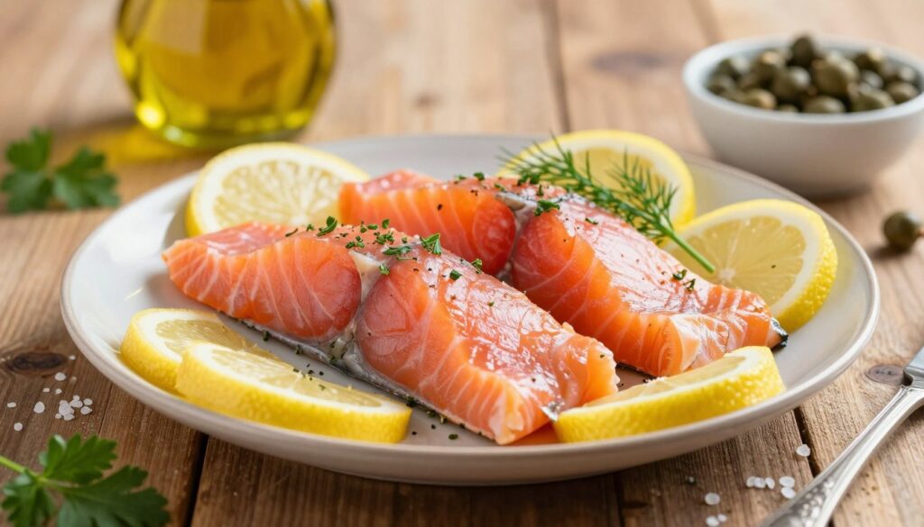 A beautifully arranged plate of smoked salmon fillets, glistening in warm, natural light. The salmon, with its rich, vibrant pink hue, is lightly garnished with fresh herbs like dill and parsley, showcasing its delicate texture. Surrounding the fish, there are thin slices of lemon and a sprinkle of sea salt, emphasizing the flavors that enhance the fish's natural taste. In the background, a rustic wooden table adds warmth and charm, with soft-focus elements like a bottle of olive oil and a small bowl of capers to suggest complementary ingredients. The mood is serene and inviting, evoking a homey yet elegant dining experience, perfect for highlighting the subtle flavors of the dish. A beautifully arranged plate of smoked salmon fillets, glistening in warm, natural light. The salmon, with its rich, vibrant pink hue, is lightly garnished with fresh herbs like dill and parsley, showcasing its delicate texture. Surrounding the fish, there are thin slices of lemon and a sprinkle of sea salt, emphasizing the flavors that enhance the fish's natural taste. In the background, a rustic wooden table adds warmth and charm, with soft-focus elements like a bottle of olive oil and a small bowl of capers to suggest complementary ingredients. The mood is serene and inviting, evoking a homey yet elegant dining experience, perfect for highlighting the subtle flavors of the dish.