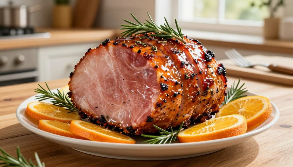 A beautifully arranged platter featuring a succulent, glazed ham marinated with herbs and spices, garnished with fresh rosemary and orange slices. The foreground highlights the shimmering surface of the ham, showcasing its rich, caramelized glaze. In the background, a softly lit kitchen setting with wooden countertops and rustic utensils creates a warm, inviting atmosphere. The natural light filters through a nearby window, casting gentle shadows and enhancing the textures of the meat and garnishes. The angle is slightly overhead, capturing the full beauty of the dish while focusing on its appetizing details. The overall mood evokes comfort and culinary delight, perfect for a festive occasion or a home-cooked meal experience.