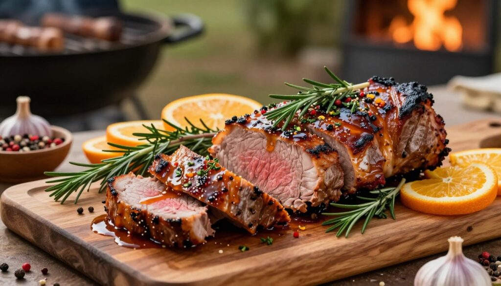 A beautifully arranged platter of grilled pork tenderloin, showcasing the best flavor combinations, garnished with vibrant herbs and spices. In the foreground, juicy slices of the tenderloin are artistically arranged, with rich glazes of marinade glistening under soft, warm lighting. Surrounding the meat, colorful accompaniments like fresh rosemary, thyme, and slices of citrus add a burst of color. In the middle ground, a rustic wooden cutting board provides an earthy base, while a few scattered spices and garlic cloves hint at the marinade's complexity. The background features a blurred, warm outdoor grilling setting with subtle hints of a summer evening ambiance, enhancing the inviting mood. Shot from a slightly elevated angle, to capture the layers and textures beautifully. A beautifully arranged platter of grilled pork tenderloin, showcasing the best flavor combinations, garnished with vibrant herbs and spices. In the foreground, juicy slices of the tenderloin are artistically arranged, with rich glazes of marinade glistening under soft, warm lighting. Surrounding the meat, colorful accompaniments like fresh rosemary, thyme, and slices of citrus add a burst of color. In the middle ground, a rustic wooden cutting board provides an earthy base, while a few scattered spices and garlic cloves hint at the marinade's complexity. The background features a blurred, warm outdoor grilling setting with subtle hints of a summer evening ambiance, enhancing the inviting mood. Shot from a slightly elevated angle, to capture the layers and textures beautifully.