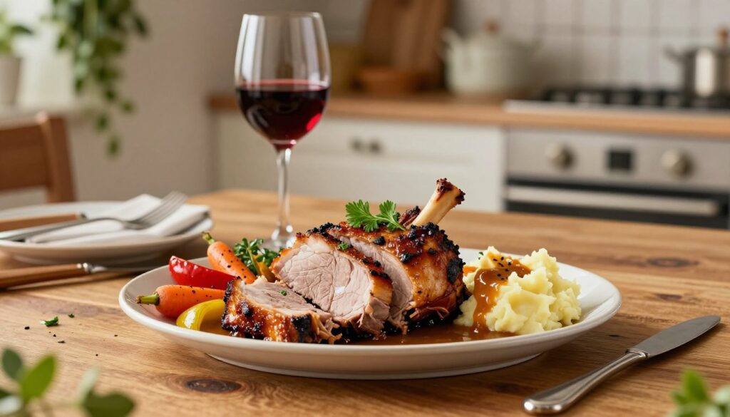 A beautifully arranged platter of roasted pork neck (karkówka pieczona) served in an inviting dining setting. In the foreground, the succulent, glistening slices of perfectly cooked pork are garnished with fresh herbs and colorful roasted vegetables like carrots and bell peppers. A side of creamy mashed potatoes and a rich gravy adds to the presentation. In the middle, a rustic wooden table enhances the warmth, adorned with elegant cutlery and a glass of red wine, casting soft reflections. The background features a softly lit kitchen ambiance, with herbs hanging and subtle kitchenware adding to the cozy atmosphere. The overall mood is inviting and homely, ideal for a family gathering or festive celebration, captured with warm lighting and a shallow depth of field to emphasize the delicious dish. A beautifully arranged platter of roasted pork neck (karkówka pieczona) served in an inviting dining setting. In the foreground, the succulent, glistening slices of perfectly cooked pork are garnished with fresh herbs and colorful roasted vegetables like carrots and bell peppers. A side of creamy mashed potatoes and a rich gravy adds to the presentation. In the middle, a rustic wooden table enhances the warmth, adorned with elegant cutlery and a glass of red wine, casting soft reflections. The background features a softly lit kitchen ambiance, with herbs hanging and subtle kitchenware adding to the cozy atmosphere. The overall mood is inviting and homely, ideal for a family gathering or festive celebration, captured with warm lighting and a shallow depth of field to emphasize the delicious dish.