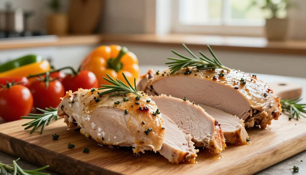 A beautifully arranged platter of turkey breasts, glistening with a light herb marinade, showcasing tender, juicy cuts. The foreground features succulent slices of turkey, garnished with fresh sprigs of rosemary and thyme, emphasizing the delicate texture and mouthwatering appeal. In the middle ground, a rustic wooden cutting board adds warmth, surrounded by vibrant seasonal vegetables like cherry tomatoes and bell peppers, hinting at a rich, home-cooked meal. The background is softly blurred to create depth, with a cozy kitchen atmosphere, bathed in warm, natural light coming from a sunlit window. The mood is inviting and wholesome, perfect for a culinary feature focusing on flavor and freshness.