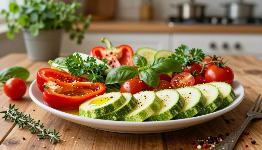 A beautifully arranged platter of zucchini garnished with an array of vibrant toppings, showcasing bell peppers, cherry tomatoes, fresh herbs like basil and parsley, and a drizzle of olive oil. In the foreground, a close-up of the zucchini sliced into elegant rounds, glistening with seasoning. The middle ground features a rustic wooden table with spices such as oregano, thyme, and chili flakes scattered artistically around the platter, enhancing the culinary theme. In the background, out of focus, there's a softly lit kitchen scene with herbs cascading from pots, creating a warm and inviting atmosphere. The lighting is warm and inviting, highlighting the fresh colors and textures of the ingredients, evoking a sense of deliciousness and culinary creativity.