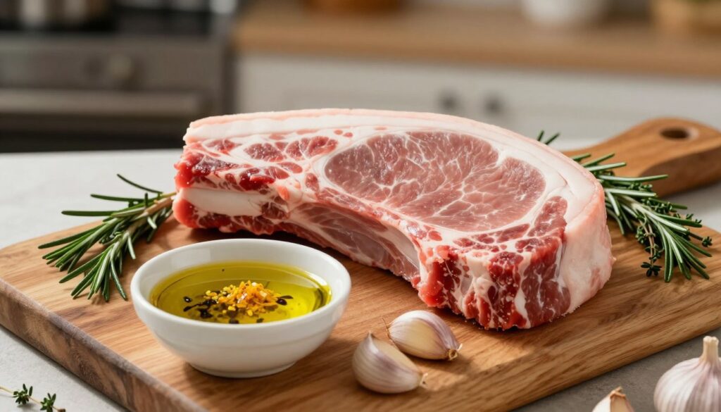 A beautifully arranged scene featuring a raw pork shoulder chop, known as "karkówka," placed on a rustic wooden cutting board. The meat is marbled with layers of fat, showcasing its tenderness, and is surrounded by fresh herbs like rosemary and thyme for added color. There are whole garlic cloves and a small bowl of aromatic marinade made from olive oil, spices, and citrus zest visually appealing around the meat. The background includes a softly blurred kitchen setting with warm, natural lighting illuminating the scene, enhancing the inviting atmosphere. The focus is sharp on the meat and marinade, creating a mouthwatering composition that highlights preparation for marinating. A beautifully arranged scene featuring a raw pork shoulder chop, known as "karkówka," placed on a rustic wooden cutting board. The meat is marbled with layers of fat, showcasing its tenderness, and is surrounded by fresh herbs like rosemary and thyme for added color. There are whole garlic cloves and a small bowl of aromatic marinade made from olive oil, spices, and citrus zest visually appealing around the meat. The background includes a softly blurred kitchen setting with warm, natural lighting illuminating the scene, enhancing the inviting atmosphere. The focus is sharp on the meat and marinade, creating a mouthwatering composition that highlights preparation for marinating.