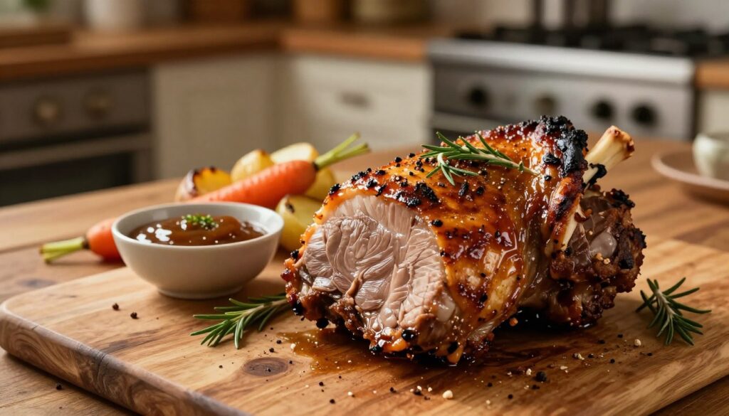 A beautifully arranged scene featuring a succulent low-temperature roasted pork neck (karkówka) on a rustic wooden table. The foreground showcases the pork, golden-brown and glistening, with herbs and spices artfully sprinkled around it. In the middle, there’s a small bowl of rich sauce and a few roasted vegetables, such as carrots and potatoes, enhancing the dish's appeal. The background suggests a cozy kitchen setting, with soft, warm lighting that creates a comforting atmosphere. A glimpse of a classic oven is faintly visible, hinting at the low-temperature cooking method used. The image is captured from a slightly elevated angle, focusing on the mouthwatering textures of the meat while maintaining a homey feel. A beautifully arranged scene featuring a succulent low-temperature roasted pork neck (karkówka) on a rustic wooden table. The foreground showcases the pork, golden-brown and glistening, with herbs and spices artfully sprinkled around it. In the middle, there’s a small bowl of rich sauce and a few roasted vegetables, such as carrots and potatoes, enhancing the dish's appeal. The background suggests a cozy kitchen setting, with soft, warm lighting that creates a comforting atmosphere. A glimpse of a classic oven is faintly visible, hinting at the low-temperature cooking method used. The image is captured from a slightly elevated angle, focusing on the mouthwatering textures of the meat while maintaining a homey feel.