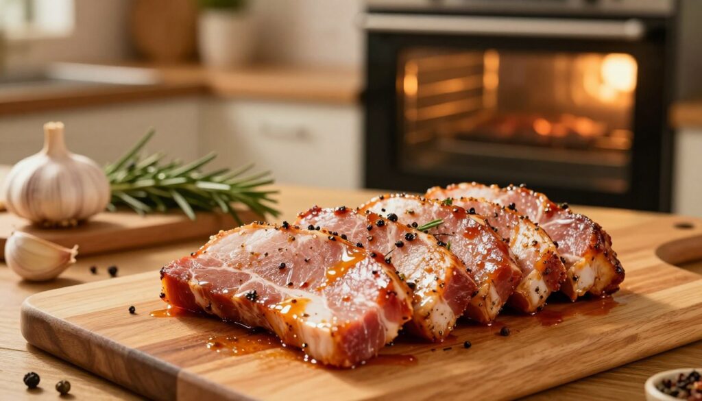 A beautifully arranged scene featuring marinated pork neck slices ready for roasting in an oven. In the foreground, the focus is on glossy, tender slices of pork marinated in a rich blend of spices, herbs, and sauces, glistening with a mouthwatering sheen. The middle ground shows a wooden cutting board surrounded by fresh ingredients like garlic, rosemary, and peppercorns, adding color and freshness to the composition. The background features a warm, cozy kitchen with an oven glowing softly, creating an inviting atmosphere. Warm lighting casts a golden hue over the scene, evoking a sense of comfort and home-cooked goodness. The overall mood is appetizing and enticing, appealing to those interested in culinary delights. A beautifully arranged scene featuring marinated pork neck slices ready for roasting in an oven. In the foreground, the focus is on glossy, tender slices of pork marinated in a rich blend of spices, herbs, and sauces, glistening with a mouthwatering sheen. The middle ground shows a wooden cutting board surrounded by fresh ingredients like garlic, rosemary, and peppercorns, adding color and freshness to the composition. The background features a warm, cozy kitchen with an oven glowing softly, creating an inviting atmosphere. Warm lighting casts a golden hue over the scene, evoking a sense of comfort and home-cooked goodness. The overall mood is appetizing and enticing, appealing to those interested in culinary delights.