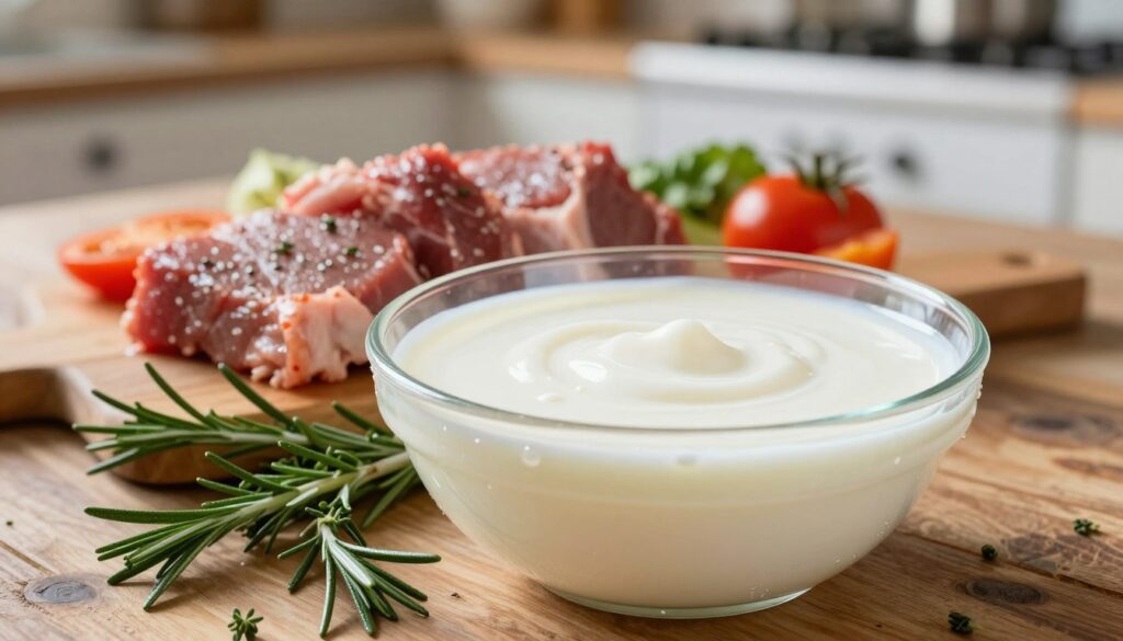 A beautifully arranged scene showcasing a bowl of buttermilk, with a fresh, creamy texture emphasizing its role in meat marinade. In the foreground, delicate droplets of buttermilk glisten on fresh herbs like rosemary and thyme. The middle ground features marinated cuts of meat, glistening with flavor and surrounded by vibrant vegetables, hinting at their juicy allure. Soft, natural light washes over the scene, casting gentle shadows that add depth. In the background, a rustic wooden table with a blurred kitchen setting suggests a warm, inviting atmosphere. The overall mood is one of freshness, culinary creativity, and a modern approach to enhancing meat tenderness. Capture this essence with a close-up perspective that draws the viewer in. A beautifully arranged scene showcasing a bowl of buttermilk, with a fresh, creamy texture emphasizing its role in meat marinade. In the foreground, delicate droplets of buttermilk glisten on fresh herbs like rosemary and thyme. The middle ground features marinated cuts of meat, glistening with flavor and surrounded by vibrant vegetables, hinting at their juicy allure. Soft, natural light washes over the scene, casting gentle shadows that add depth. In the background, a rustic wooden table with a blurred kitchen setting suggests a warm, inviting atmosphere. The overall mood is one of freshness, culinary creativity, and a modern approach to enhancing meat tenderness. Capture this essence with a close-up perspective that draws the viewer in.