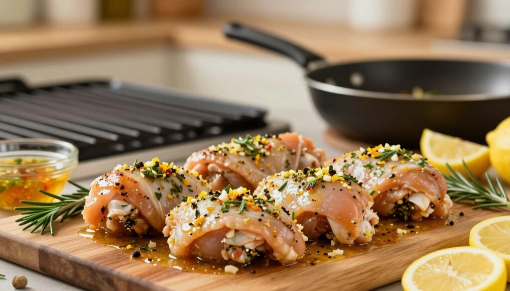 A beautifully arranged scene showcasing a marinated chicken dish, specifically focusing on chicken thighs marinated for grilling, frying, or baking. In the foreground, there is a cutting board with raw chicken thighs coated in a vibrant marinade made of herbs, spices, garlic, and lemon zest, glistening enticingly. Surrounding the chicken, there are fresh ingredients like sprigs of rosemary, sliced lemons, and a small bowl of marinade. In the middle ground, a grill and a frying pan are subtly blurred, hinting at the cooking process. The background includes a soft-focus kitchen setting with warm, inviting lighting, creating a cozy atmosphere. The image should be well-lit to highlight the colors and textures of the marinade, evoking a sense of hunger and anticipation for a delicious meal. A beautifully arranged scene showcasing a marinated chicken dish, specifically focusing on chicken thighs marinated for grilling, frying, or baking. In the foreground, there is a cutting board with raw chicken thighs coated in a vibrant marinade made of herbs, spices, garlic, and lemon zest, glistening enticingly. Surrounding the chicken, there are fresh ingredients like sprigs of rosemary, sliced lemons, and a small bowl of marinade. In the middle ground, a grill and a frying pan are subtly blurred, hinting at the cooking process. The background includes a soft-focus kitchen setting with warm, inviting lighting, creating a cozy atmosphere. The image should be well-lit to highlight the colors and textures of the marinade, evoking a sense of hunger and anticipation for a delicious meal.
